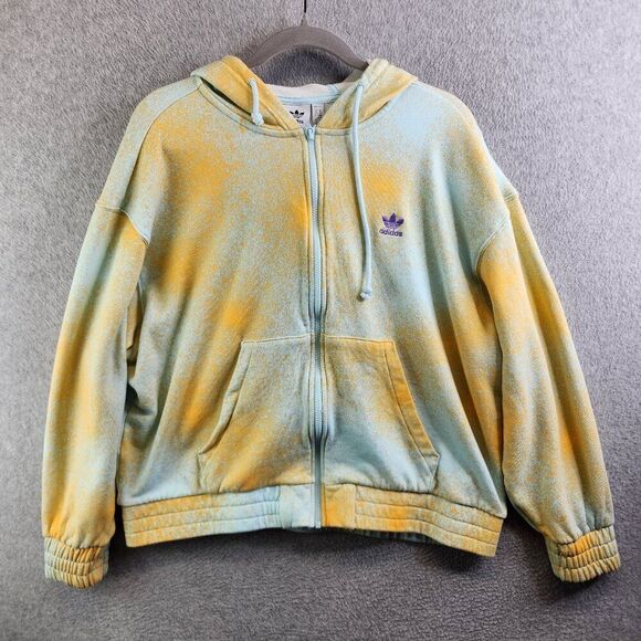 adidas Tops - Adidas Hoodie Womens M Yellow Spray Paint Full Zip Trefoil Terry Ribbed Boxy